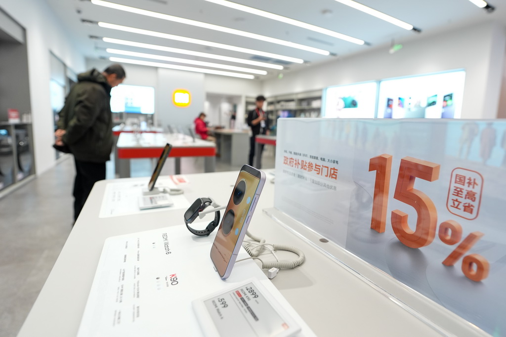 2月11日，在北京京东MALL双井店，一家国产品牌的销售门店在柜台上摆放的2026年国补的宣传标识。