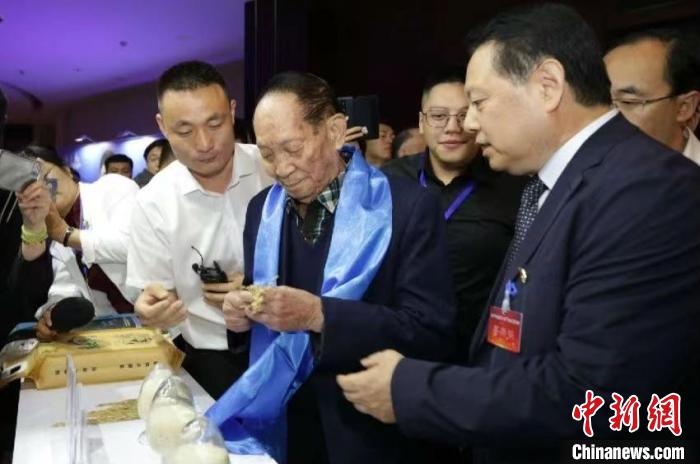 资料图。图为在长沙举办的兴安盟大米产业论坛上,袁隆平院士手里拿着原始站当年研发的水稻品种稻穗。 兴安盟袁隆平水稻院士专家工作站供图 资料图。图为在长沙举办的兴安盟大米产业论坛上,袁隆平院士手里拿着原始站当年研发的水稻品种稻穗。 兴安盟袁隆平水稻院士专家工作站供图